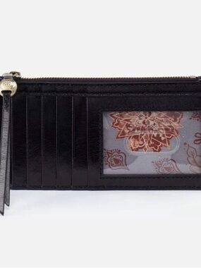 HOBO Leather Card Holder Wallet Black Slim Zip Coin Pocket ID Wristlet Pull